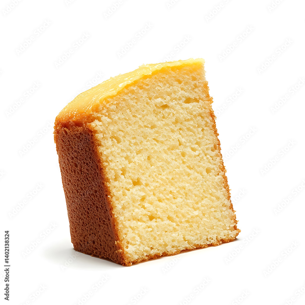 A thick slice of homemade lemon pound cake with a golden crust soft moist interior and slightly cracked top, isolated white background, hyperrealism art style A thick slice of homemade lemon pound cake with a golden crust soft moist interior and slightly cracked top, isolated white background, hyperrealism art style