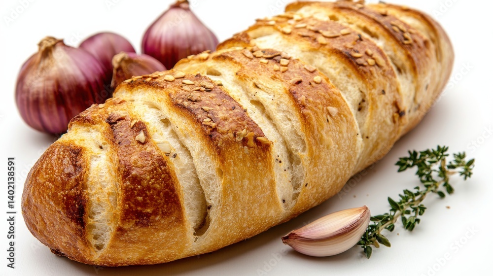 A loaf of bread with herbs, presented on a white background. A loaf of bread with herbs, presented on a white background.