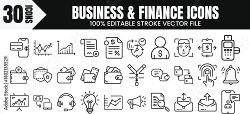 30 Business Tools line icon set on Transparent Background