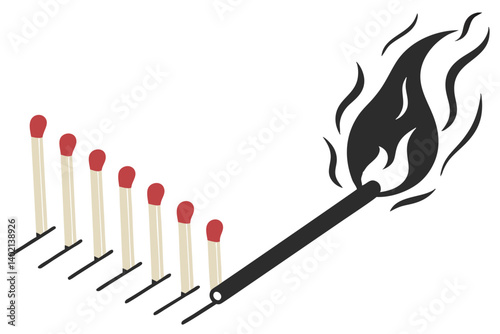74 matches, burnout, mental health, stress progression, flame, red to black gradient, smoke, conceptual, metaphor, minimalist, white background, symbolic, lined up, progression, evolution of burnout, 