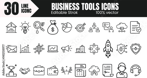 Minimalist Business Line Icon Pack , 30 Clean Vector Icons  on Transparent Background