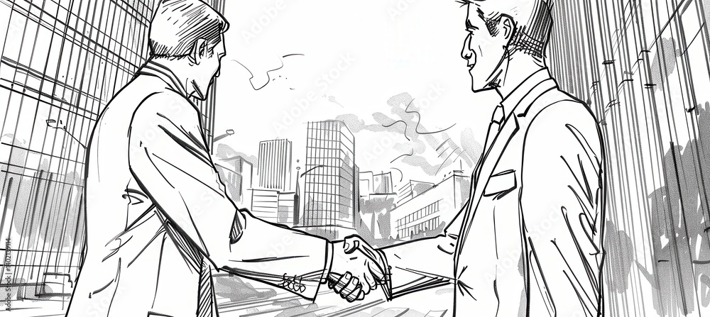 Business Team Shaking Hands After Successful Deal Against Urban Skyline