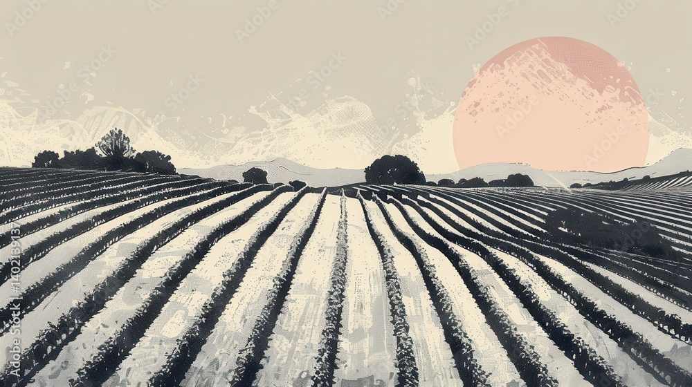 Minimalist Vineyard Landscape with Bold Sun - Perfect for Wine Branding and Print Designs