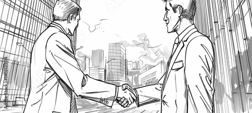 Obraz na płótnie Business Team Shaking Hands After Successful Deal Against Urban Skyline w salonie
