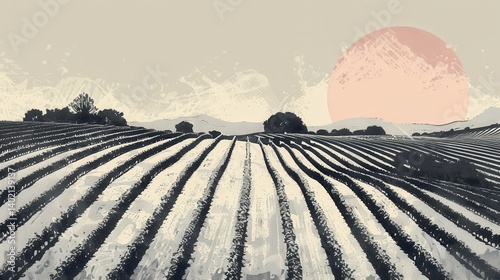 Obraz na płótnie Minimalist Vineyard Landscape with Bold Sun - Perfect for Wine Branding and Print Designs w salonie