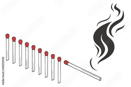 74 matches, burnout, mental health, stress progression, flame, red to black gradient, smoke, conceptual, metaphor, minimalist, white background, symbolic, lined up, progression, evolution of burnout, 