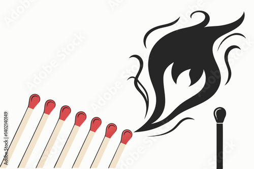74 matches, burnout, mental health, stress progression, flame, red to black gradient, smoke, conceptual, metaphor, minimalist, white background, symbolic, lined up, progression, evolution of burnout, 