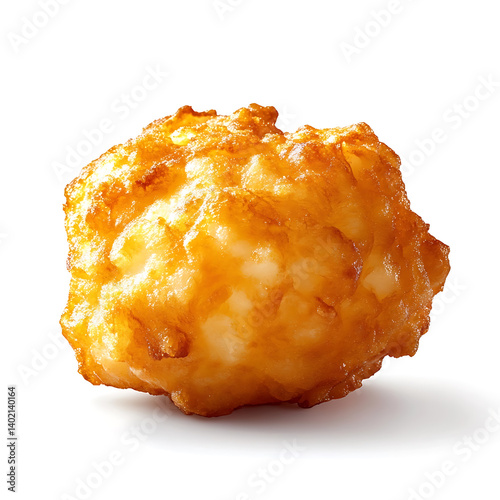 Crispy and golden tater tot with a crunchy exterior and light, fluffy potato filling, isolated white background