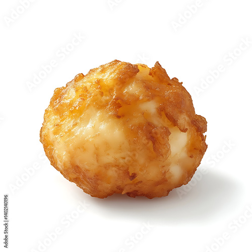 Crispy and golden tater tot with a crunchy exterior and light, fluffy potato filling, isolated white background