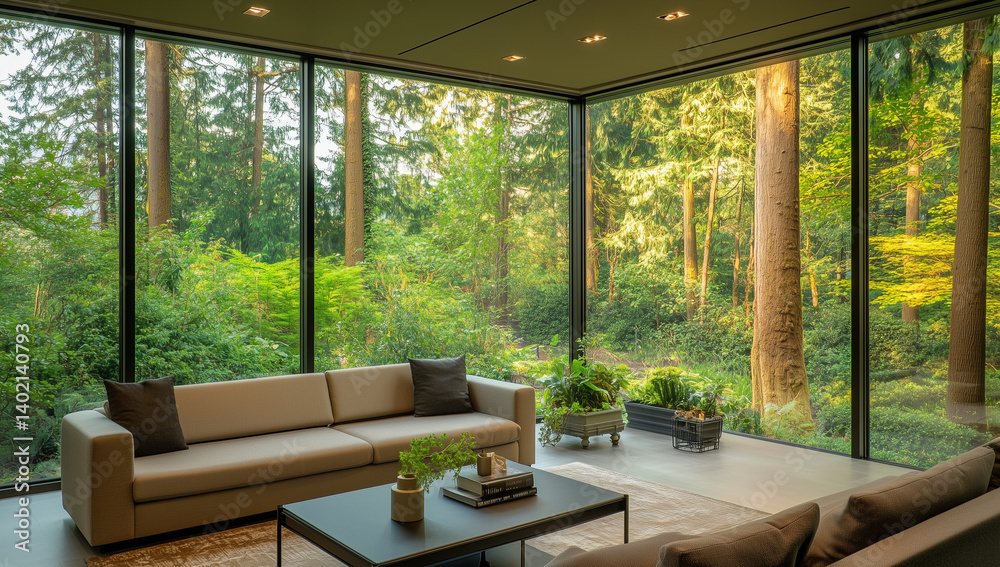 Fototapeta premium Modern living room with modern furniture large windows overlooking lush green rainforest, Interior design, Luxury living room, Architecture, Comfortable room, Forest background.