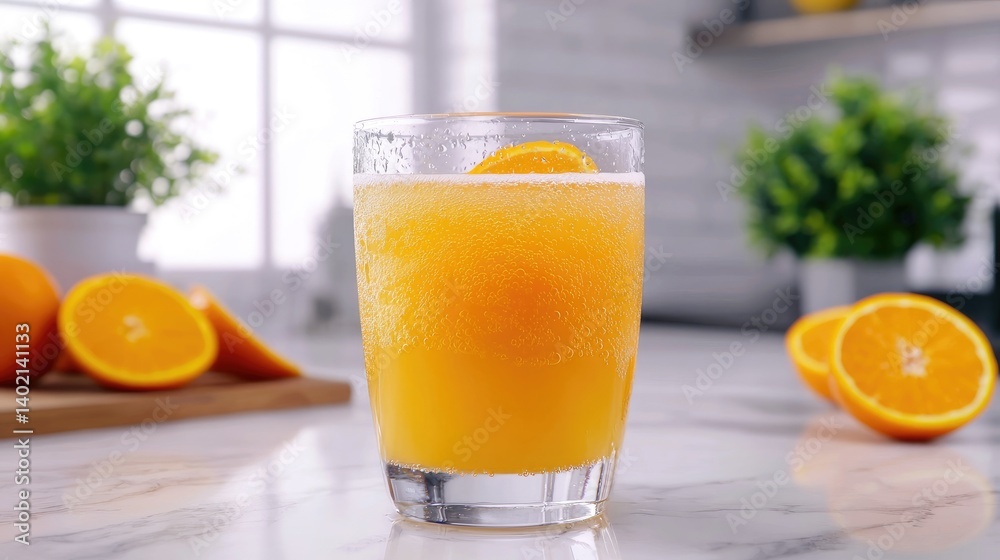 Refreshing Orange Juice in Glass with Citrus Fruit in Background Refreshing Orange Juice in Glass with Citrus Fruit in Background