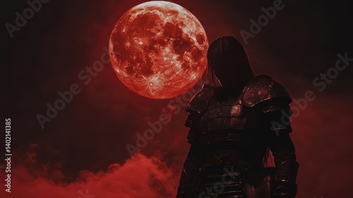 A warrior stands beneath a blood-red moon.
