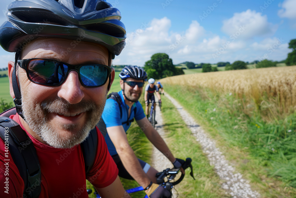 Cyclists Enjoying a Summer Countryside Trail in Bright, Lush Scenery for a Healthy Lifestyle Concept Cyclists Enjoying a Summer Countryside Trail in Bright, Lush Scenery for a Healthy Lifestyle Concept