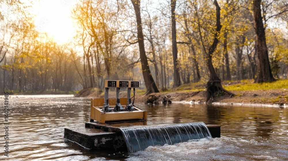 Fototapeta premium Water Flow Device on Floating Platform in Peaceful Nature Scene
