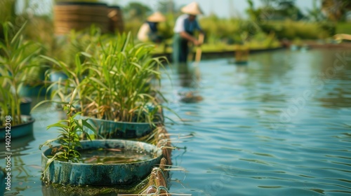 Eco-Friendly Aquaculture Practices: Farmers Adding Organic Feed to Ponds for Sustainable Fish Farming