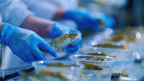 Precision Nutrition in Aquaculture: Fish Farmers Preparing Specialized Diets in a Clean Laboratory