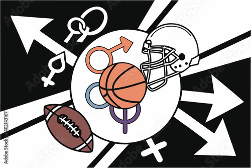 75 Gender symbol, sports equipment, diverse athletic gear, sphere composition, arrows, basketball, boxing glove, baseball, football helmet, colorful, symbolic representation, inclusivity in sports, mu