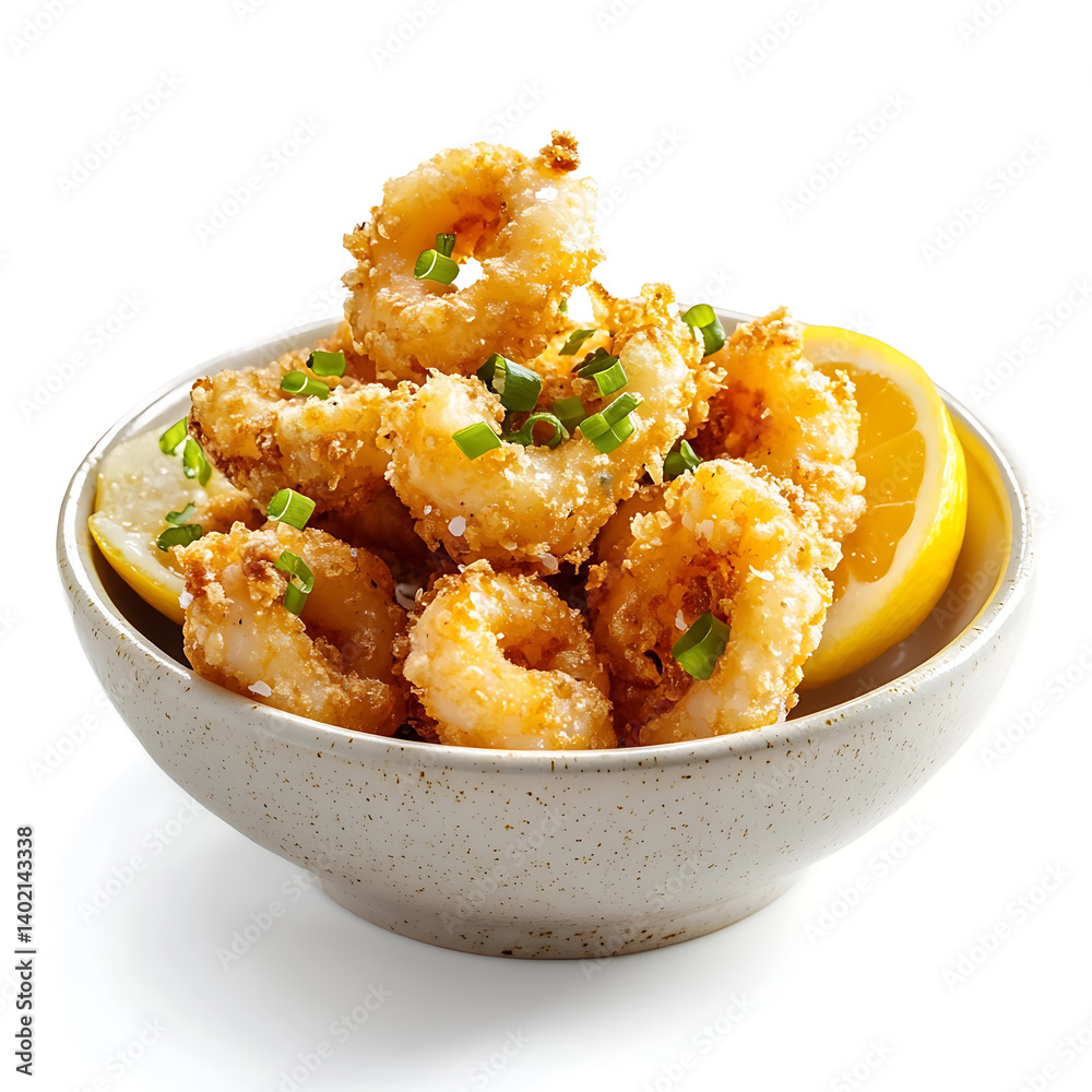Golden and crispy breaded calamari with a light, crunchy exterior and a tender seafood interior, isolated white background
