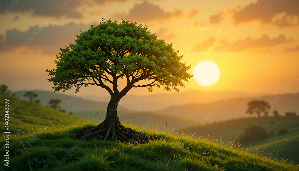 Obraz premium A tree with green leaves standing on a grassy hill during a golden sunset landscape scenery view