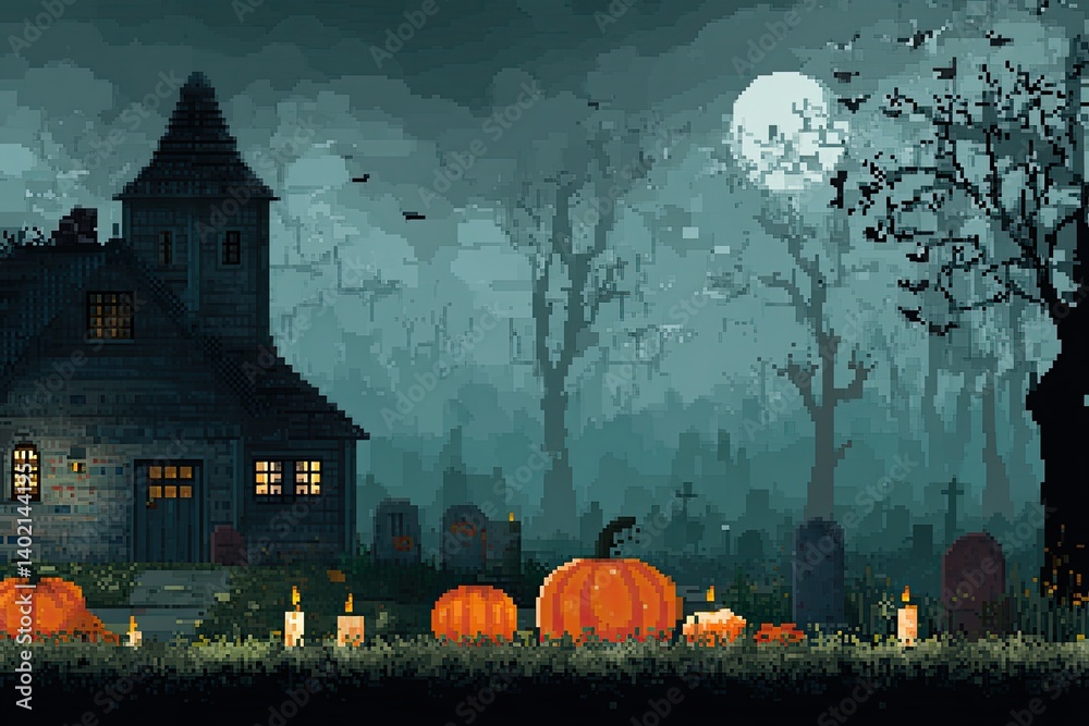 Halloween Night Scene with Pumpkins, Haunted House, and Candles in Spooky Pixel Art