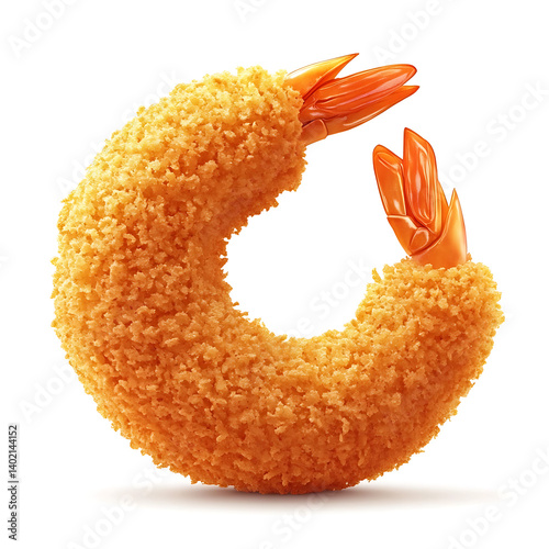 Golden and crispy breaded shrimp with a crunchy exterior and a tender shrimp interior, isolated white background, hyperrealism art style
