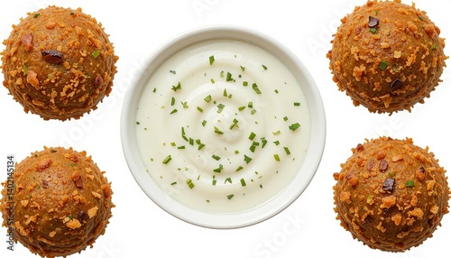Golden fried appetizer balls encircle a bowl of creamy dip with herbs