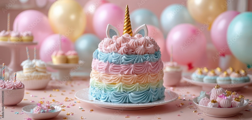 Fototapeta premium Unicorn-Themed Birthday Party Table with Rainbow Cake, Pastel Balloons, and Festive Sweets