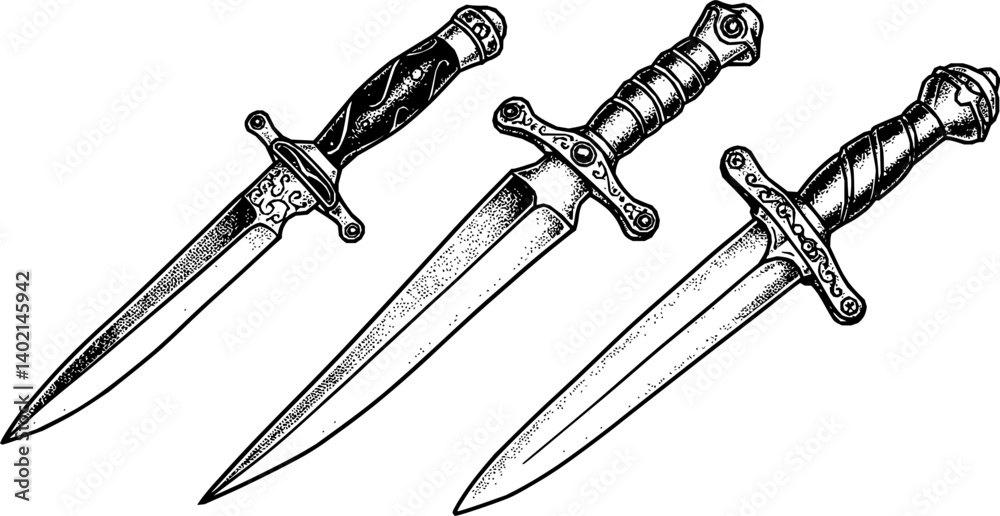 Vintage daggers set. Hand drawn sketch style medieval weapon collection. Best for tatoo and retro historical designs. Vector illustration isolated on white.