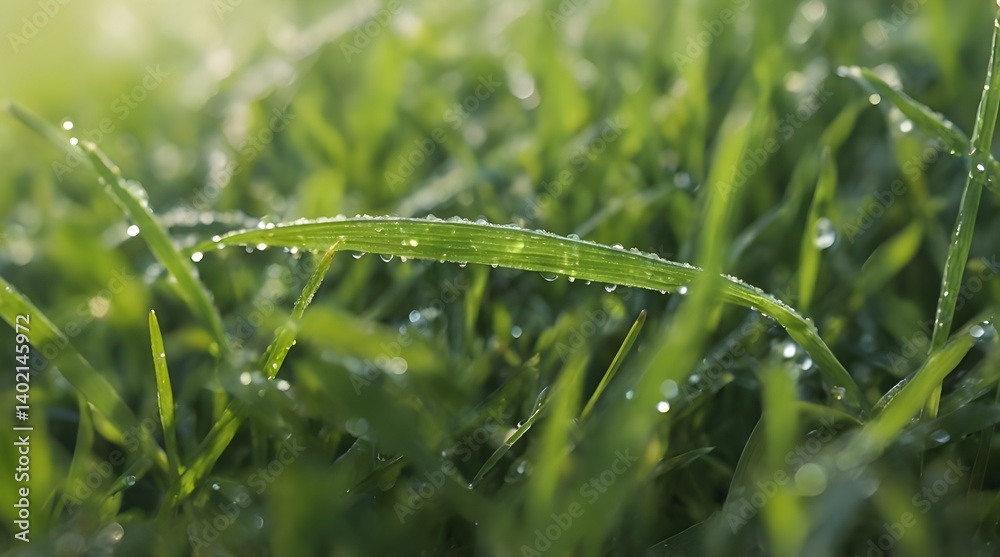 A detailed view of fresh, dewy green grass bathed in the warm glow of morning sunlight.generative.ai A detailed view of fresh, dewy green grass bathed in the warm glow of morning sunlight.generative.ai