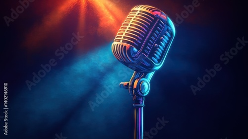 Colorful depiction of an old-school microphone stands against a dynamic background, evoking energy and musical creativity typical of live events