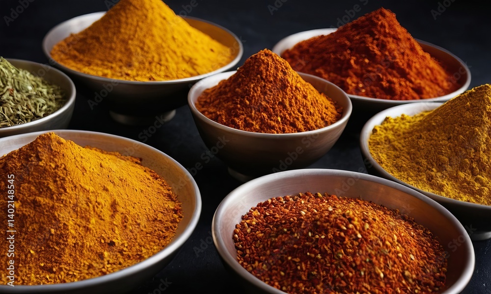 Aromatic assortment of spices and herbs in bowls, vibrant culinary artistry Aromatic assortment of spices and herbs in bowls, vibrant culinary artistry