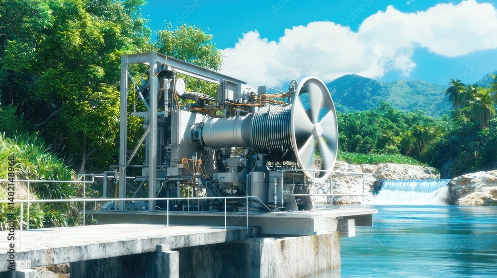 Industrial Hydro Power Generator Near River with Lush Greenery Industrial Hydro Power Generator Near River with Lush Greenery