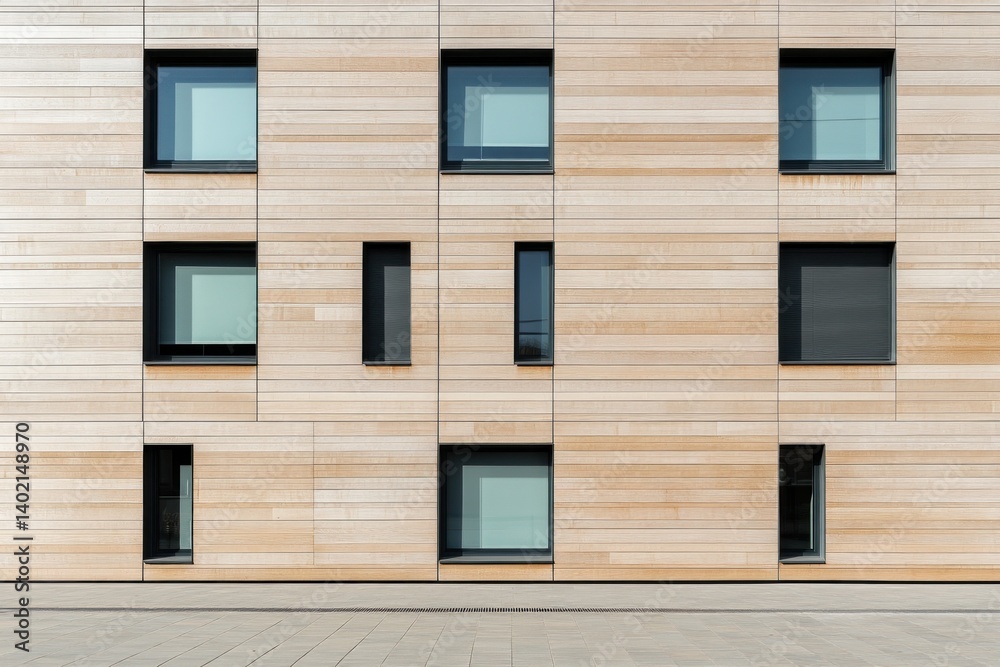 Fototapeta premium This minimalist modern home showcases a wood facade with well-placed windows, emphasizing simplicity and elegance in an urban environment