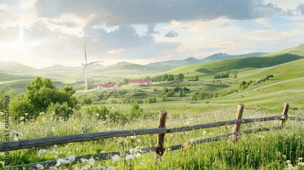Fototapeta premium Scenic Green Landscape with Wind Turbine and Farmhouse in Distance