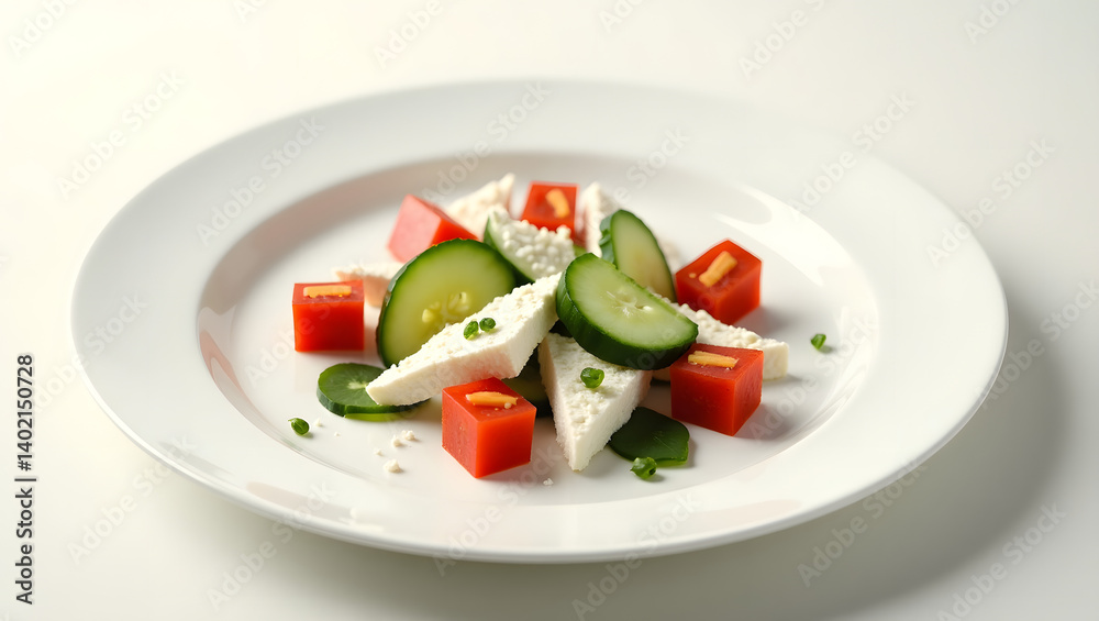 A deconstructed salad presented as clean geometric blocks, featuring cubed tomatoes with a subtle sheen, circular cucumber slices with delicate ridges, and triangle feta pieces with crumbly textures A deconstructed salad presented as clean geometric blocks, featuring cubed tomatoes with a subtle sheen, circular cucumber slices with delicate ridges, and triangle feta pieces with crumbly textures