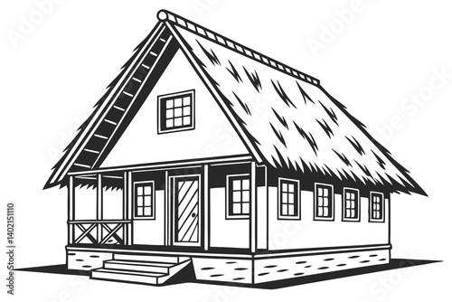 a traditional hut or cottage with a large triangular thatched roof 