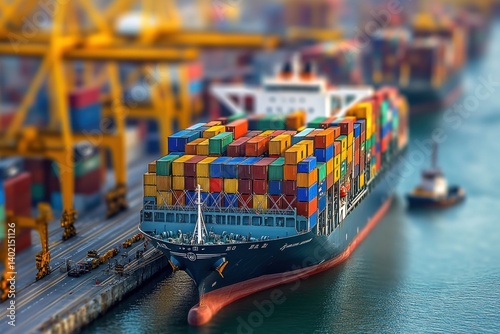 An oversized container ship is docked at a bustling port, surrounded by colorful containers stacked high