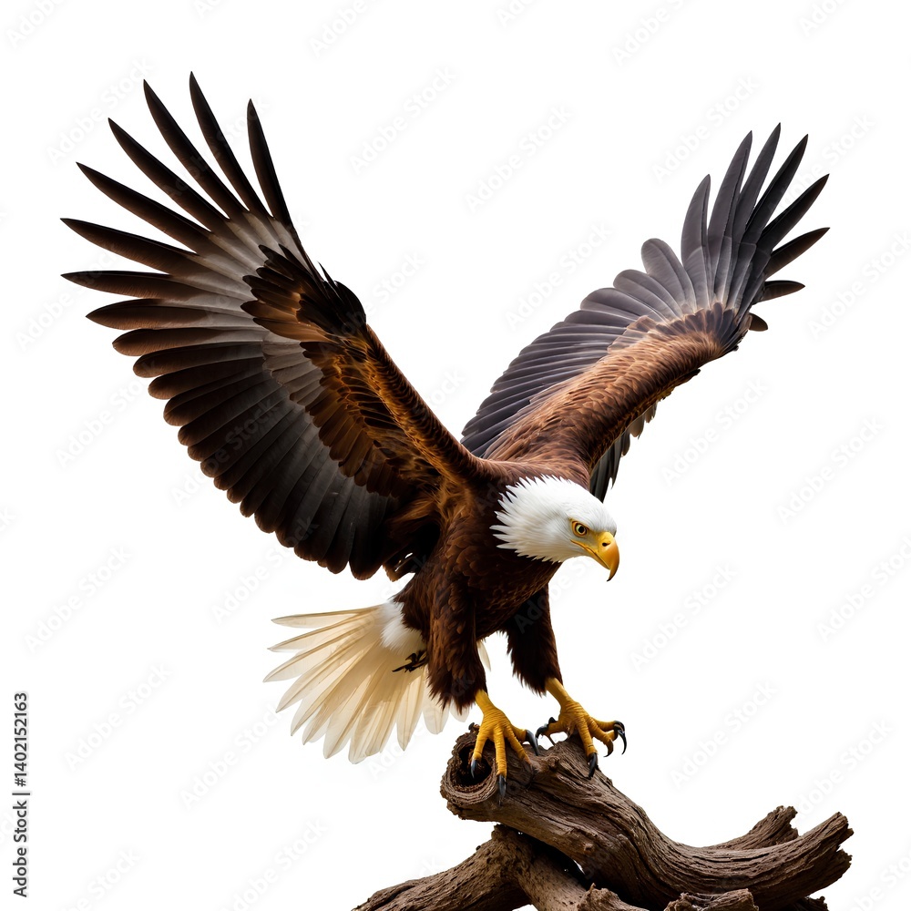 Obraz premium Majestic Bald Eagle Spreading Wings on Tree Branch in Nature Scene