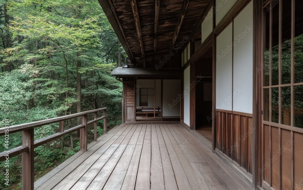 Serene Wooden Deck of Japanese House in Lush Serene Wooden Deck of Japanese House in Lush