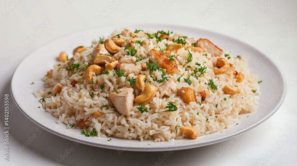 Chicken and cashew with rice, presented on a plate. Chicken and cashew with rice, presented on a plate.