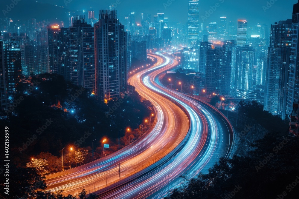 Fototapeta premium Night view of a sustainable city highlights illuminated buildings, busy traffic, and glowing street lights, creating a vibrant scene