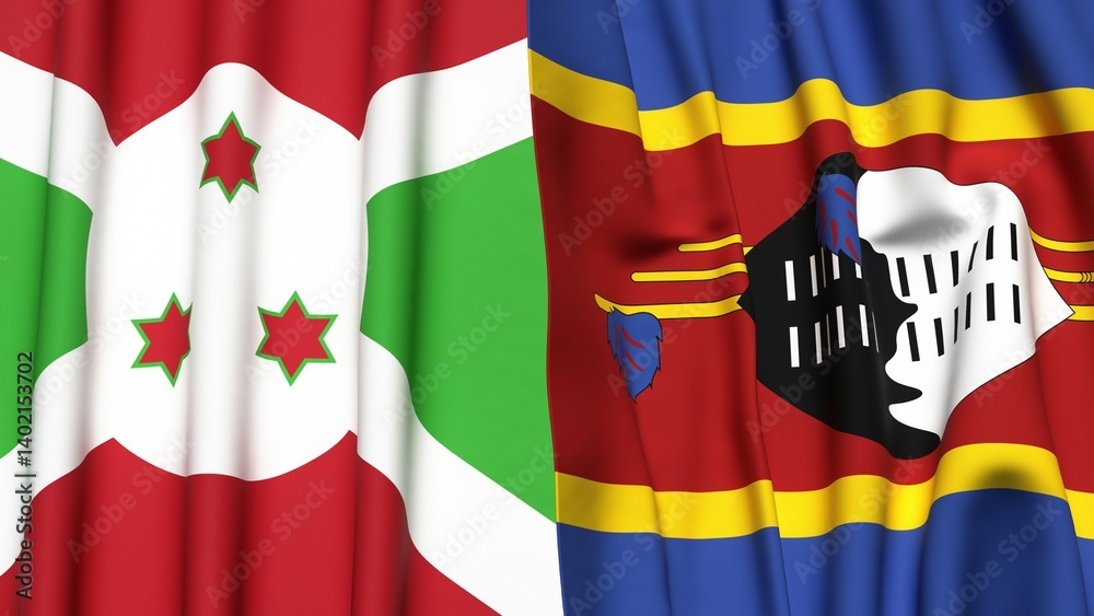 Obraz premium Flags of BURUNDI and Eswatini with realistic cloth texture