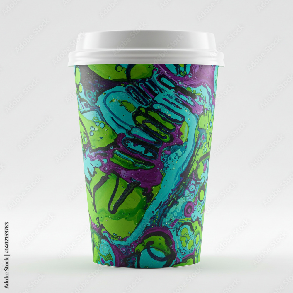 Obraz premium A vibrant coffee cup showcasing swirling teal, lime, and purple abstract art; a playful, energetic design with a white lid.