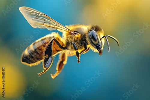 A flying bee captures nectar in a vibrant garden, showcasing intricate details under bright sunlight in this close-up view of nature