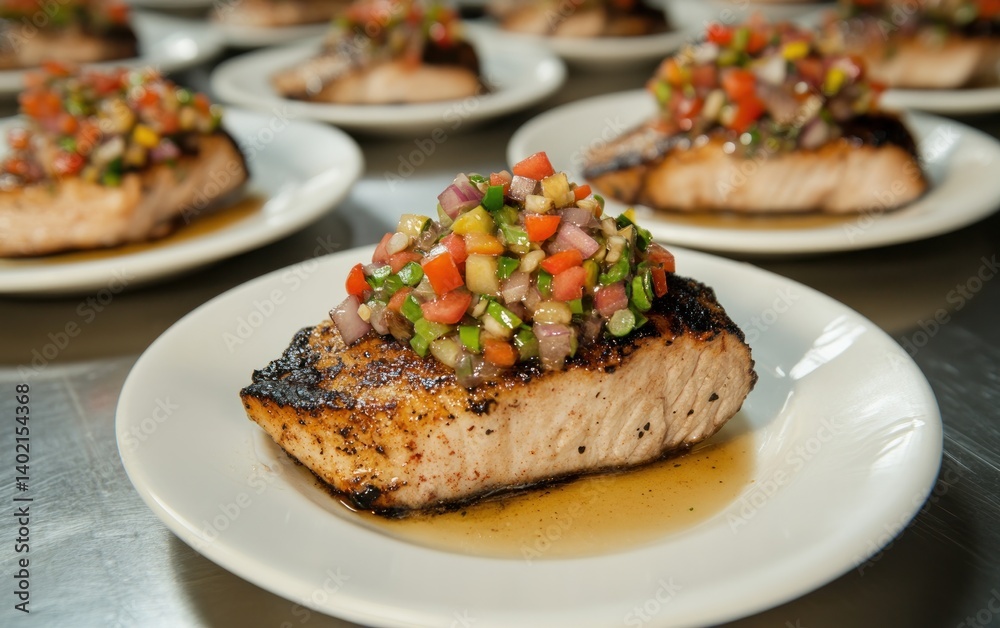 Grilled Salmon with Pico de Gallo on White Plates Grilled Salmon with Pico de Gallo on White Plates