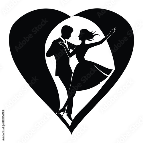 A dancing couple in heart silhouette on white background