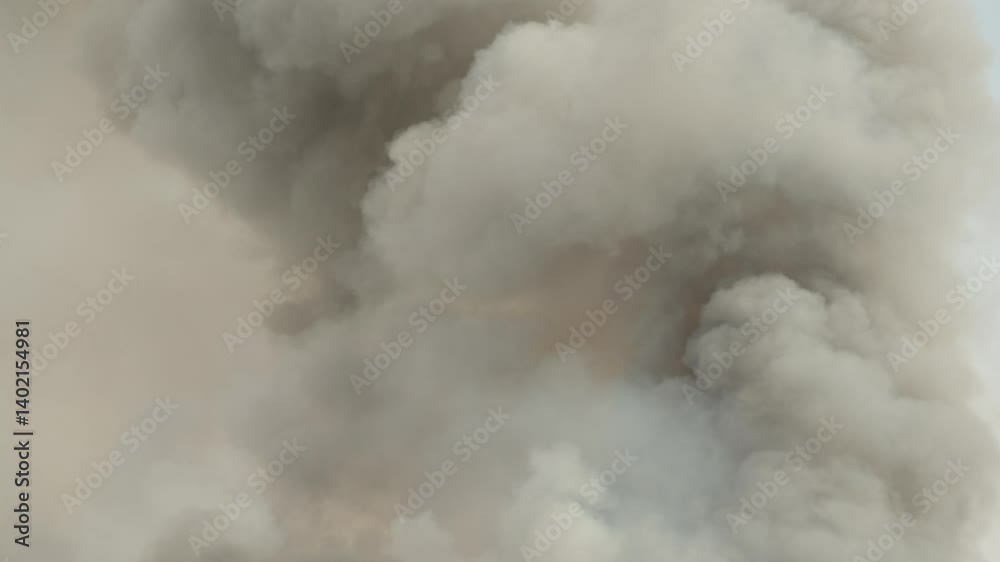 Black smoke clouds and flames rise into the sky. Black smoke clouds and flames rise into the sky.