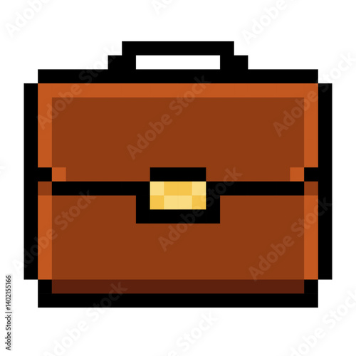 A pixel art style icon of a brown business briefcase with a black handle and a golden clasp. Perfect for retro games, mobile apps, websites, or presentation design. Isolated on white background, ideal