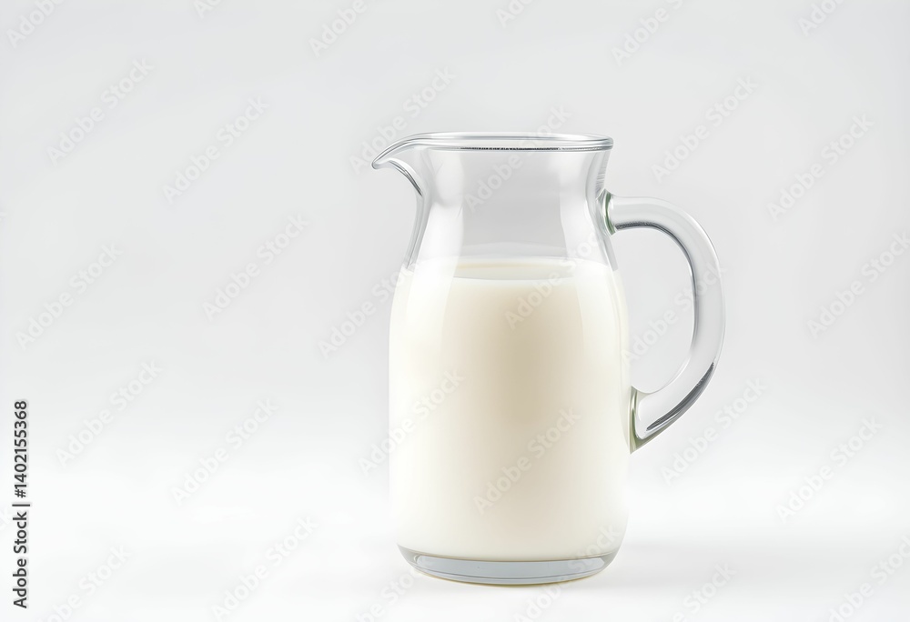 Glass pitcher, fresh milk, white background, minimalist, clean, crisp, high-key lighting, product photography, transparent glass, liquid texture, dairy, refreshing, simple composition Glass pitcher, fresh milk, white background, minimalist, clean, crisp, high-key lighting, product photography, transparent glass, liquid texture, dairy, refreshing, simple composition
