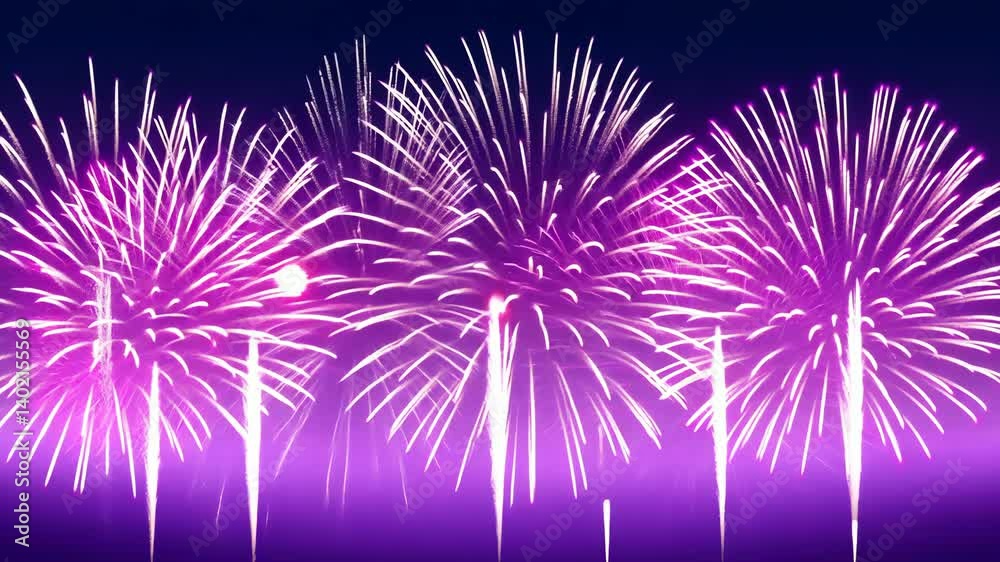 Spectacular array of magenta and white fireworks exploding against a dark night sky creating a vibrant and festive celebration mood.